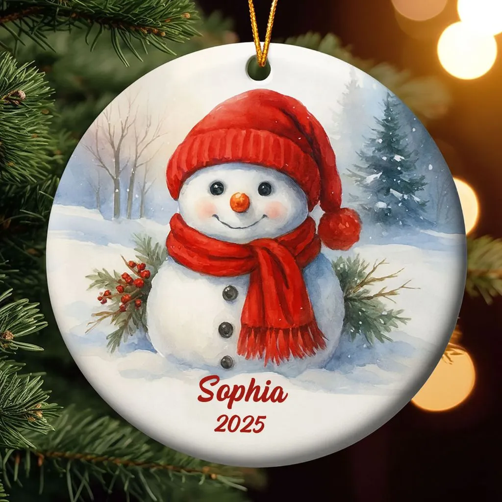 Personalized Snowman Ornament 2025 | Custom Name Gift for Kids | Cute Christmas Keepsake with Red Hat