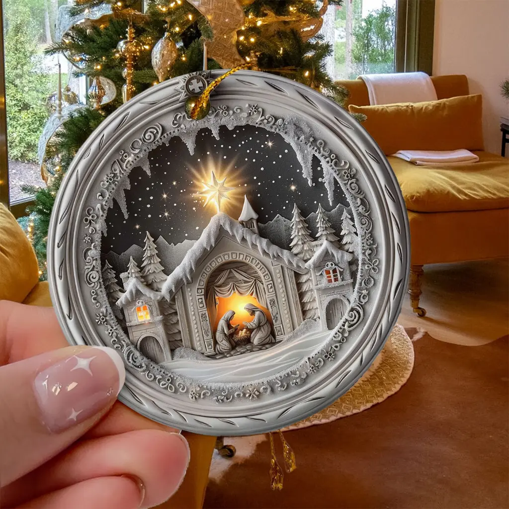 Religious Nativity Ornament | Ceramic Manger Scene, O Holy Night Christmas Decoration - Image 3