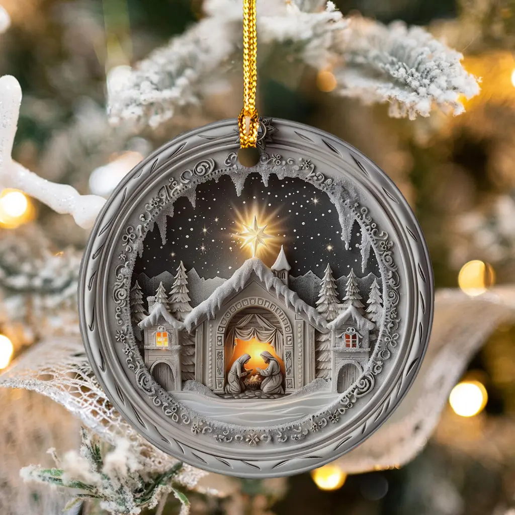 Religious Nativity Ornament | Ceramic Manger Scene, O Holy Night Christmas Decoration - Image 4