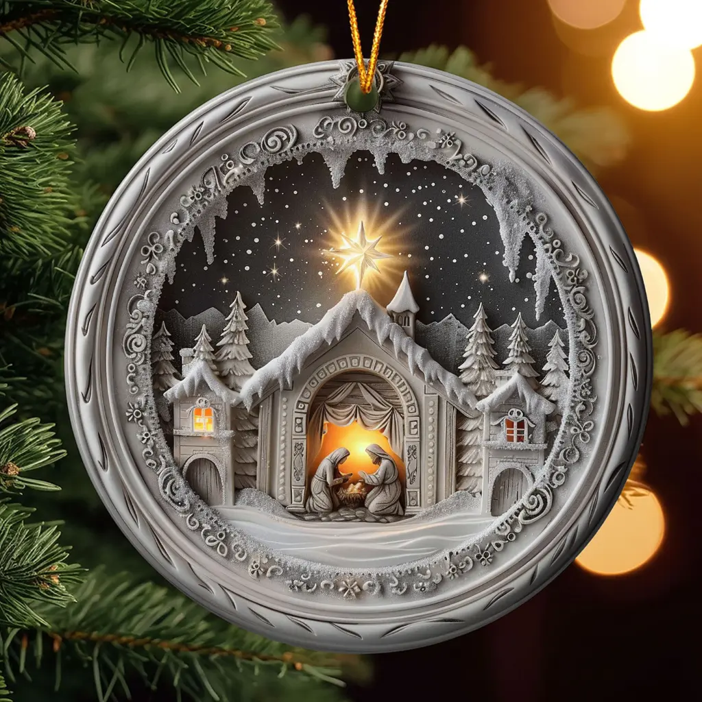 Religious Nativity Ornament | Ceramic Manger Scene, O Holy Night Christmas Decoration