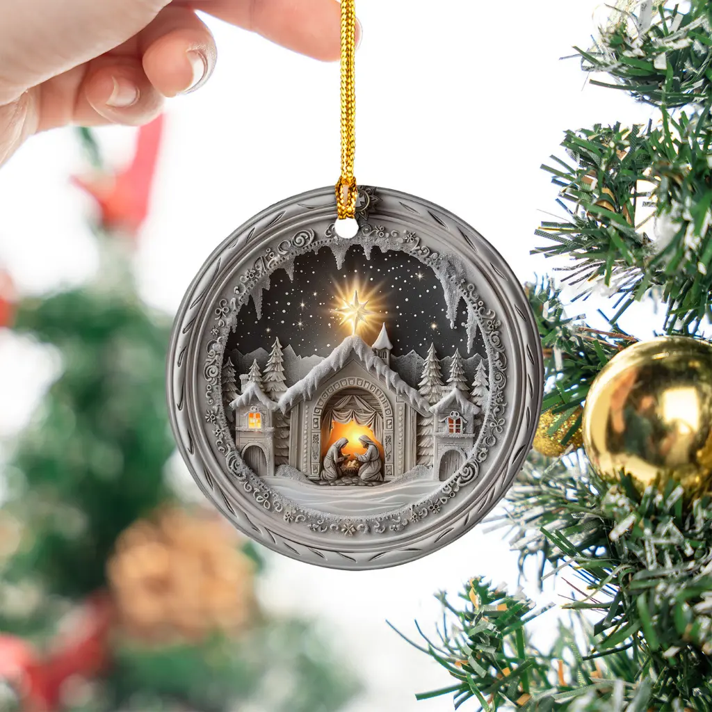 Religious Nativity Ornament | Ceramic Manger Scene, O Holy Night Christmas Decoration - Image 7