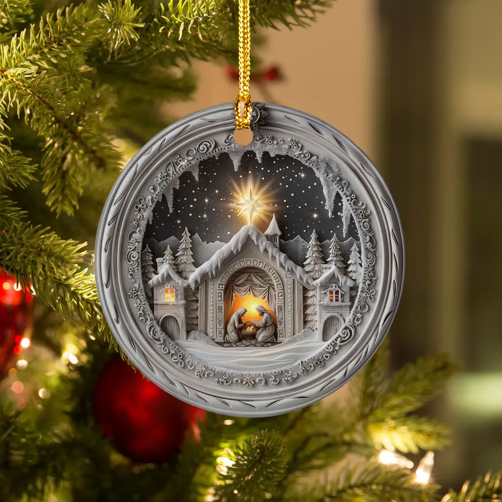 Religious Nativity Ornament | Ceramic Manger Scene, O Holy Night Christmas Decoration - Image 2